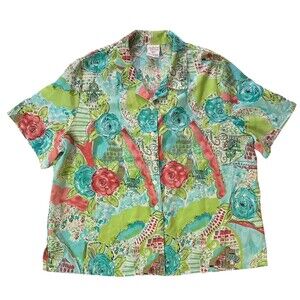 Allison Daley Womens 16P Petite Short Sleeve Button Up Novelty Floral Print Top